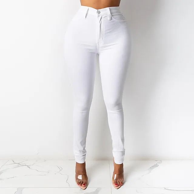 Women's Jeans Denim High Waisted Solid / Plain Color Classic Regular Spring &  Fall Light Blue Medium blue Navy Blue White Black