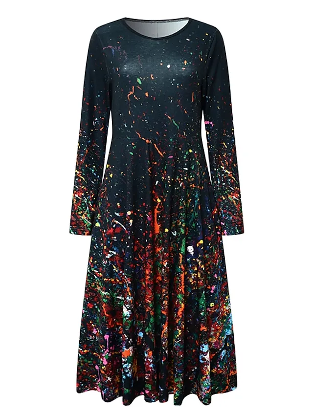 Women‘s Casual Dress Swing Dress Midi Dress Blue Yellow Rainbow Long Sleeve Color Gradient Pocket Print Winter Fall Crew Neck Vacation Casual Fall Dress 2023 S M L XL XXL 3XL