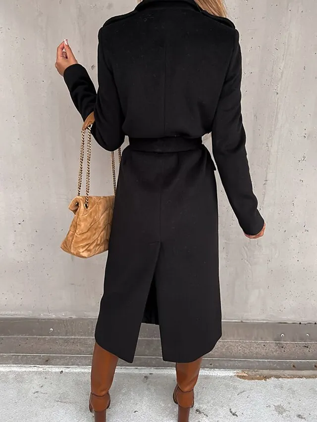 Women's Winter Coat Coat Daily Going out Fall Winter Long Coat Regular Fit Thermal Warm Casual Jacket Long Sleeve Solid Color Lace up Black White Khaki