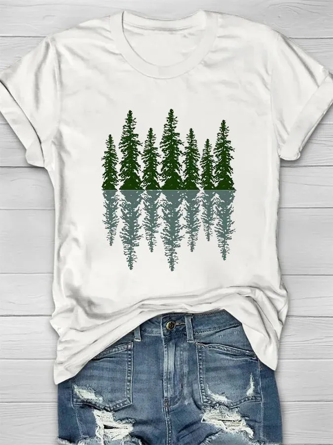 Women's Casual Natural Forest Print Short Sleeve Crew Neck T-Shirt