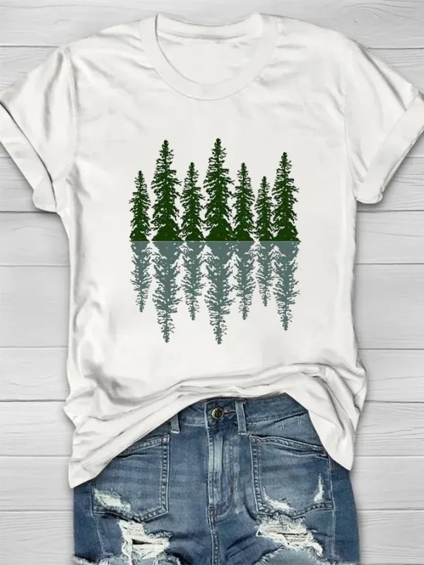 Women's Casual Natural Forest Print Short Sleeve Crew Neck T-Shirt