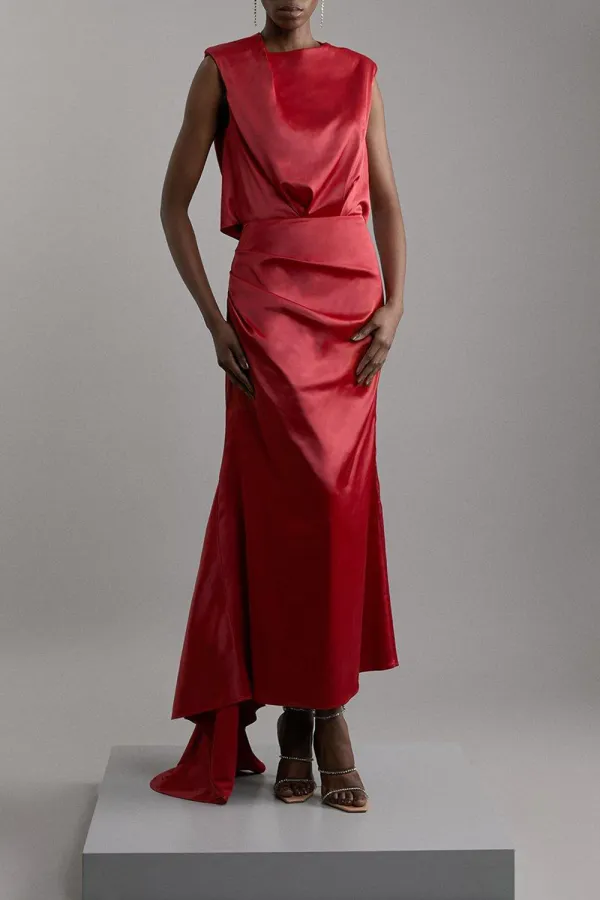 Sleeveless Satin Drape Woven Midaxi Dress