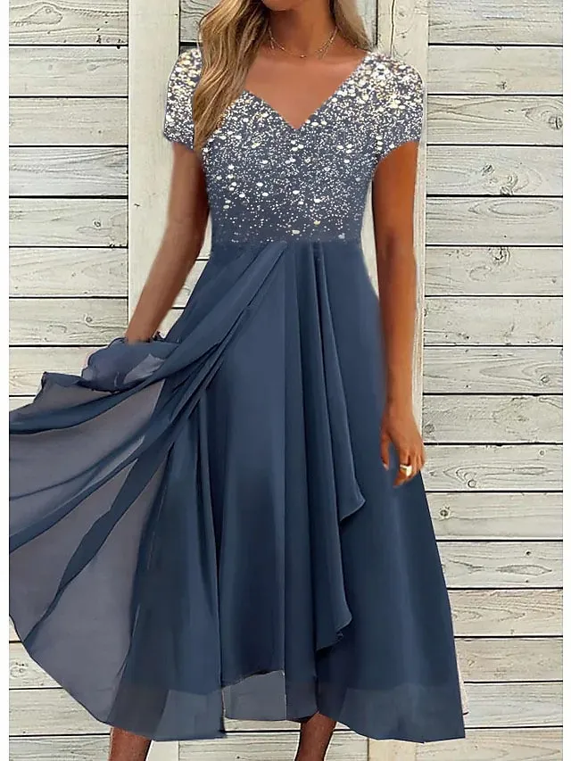 Women‘s A Line Dress Chiffon Dress Midi Dress Navy Blue Short Sleeve Color Gradient Patchwork Spring Summer V Neck Stylish Elegant Party 2023 S M L XL XXL 3XL / Party Dress
