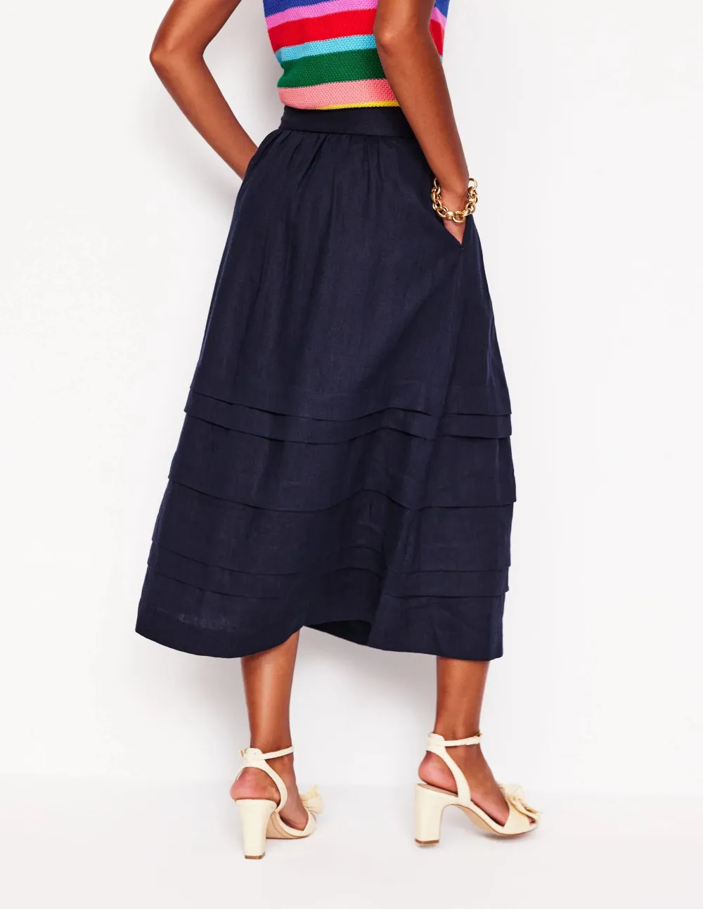 Navy Blue Tiered Belted Midi Skirt