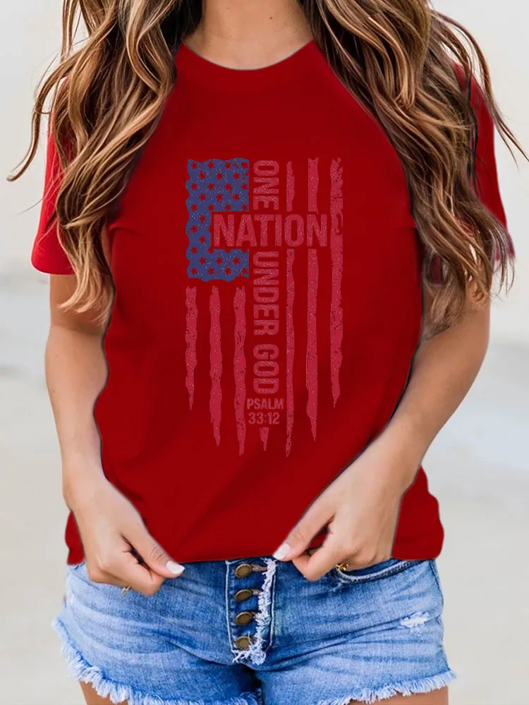 One Nation Under God Psalm 33:12 Print Round-Neck Short-Sleeved T-Shirt