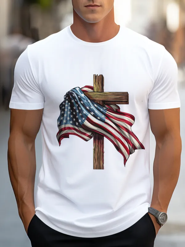 Man'S The Stars And Stripes Cross Print Round-Neck Short-Sleeved T-Shirt