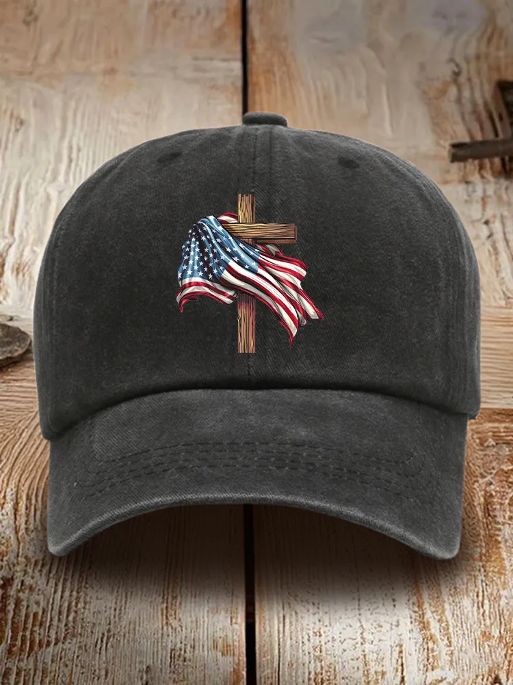 The Stars And Stripes And The Cross Print Washed Baseball Cap