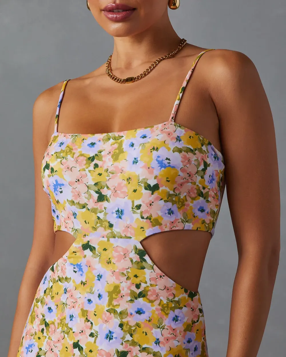 Sleeveless Side Cutout Floral Print Midi Dress