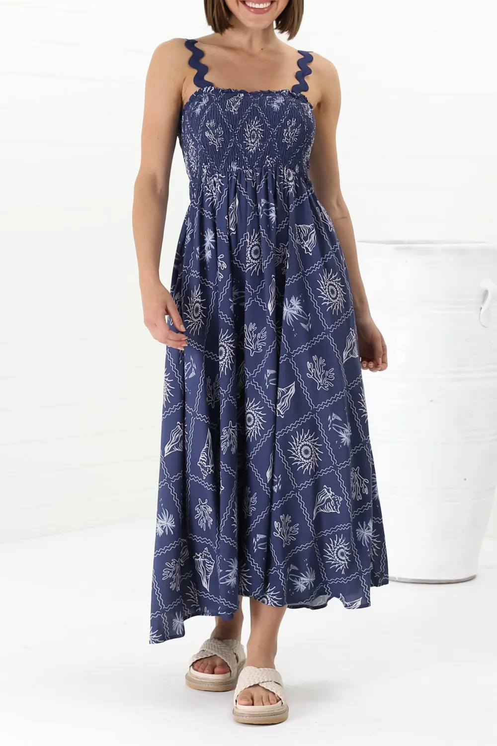 Blue Patterned Scallop Strap Midi Dress