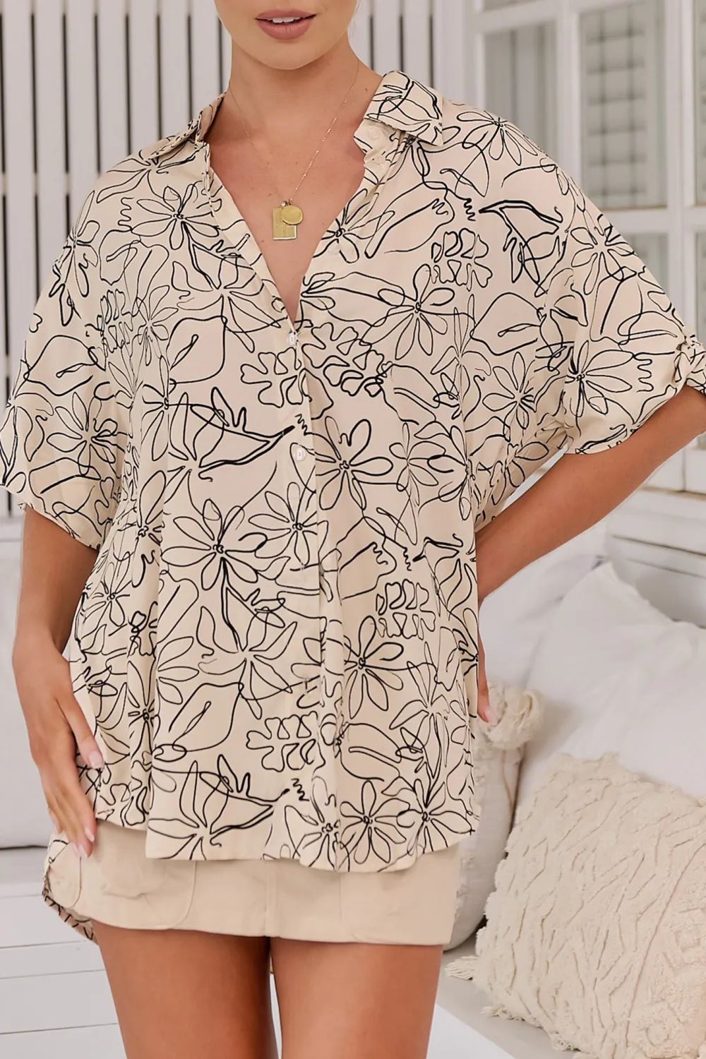 Beige Floral Print Short Sleeve Shirt