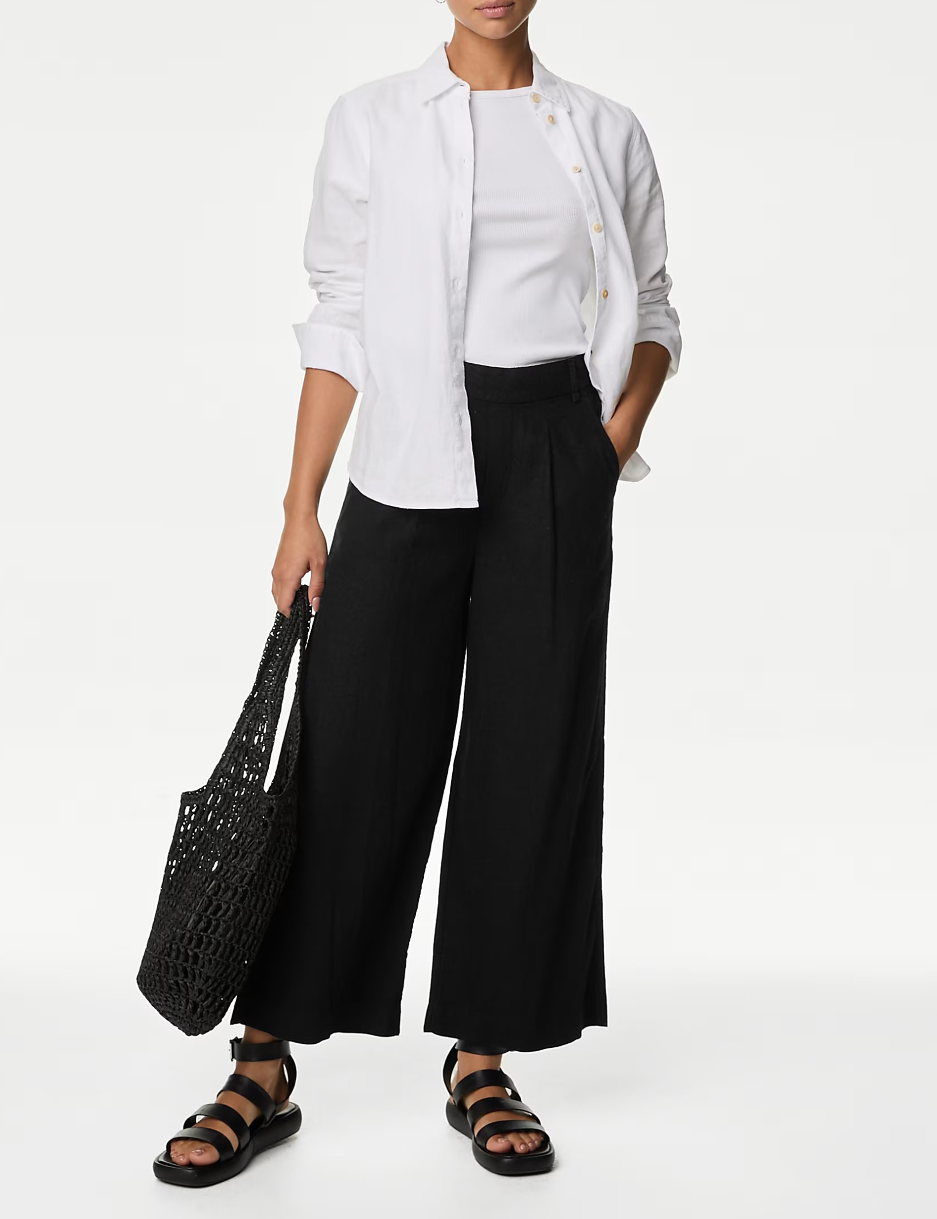Black Shirred Wide Leg Trousers