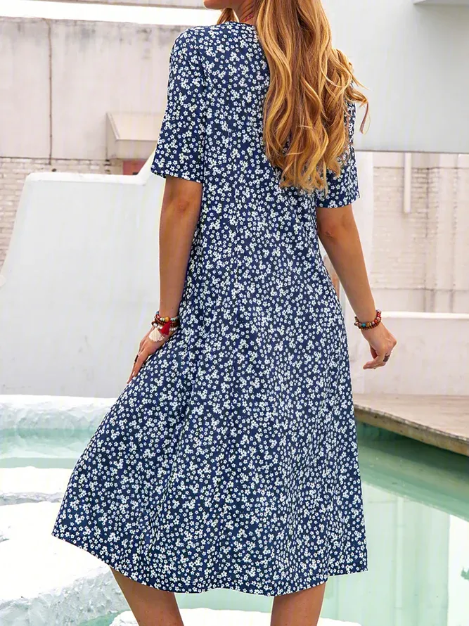 Floral Printed Crew Neck Pockets Short Sleeve Casual Midi Shirt Dress