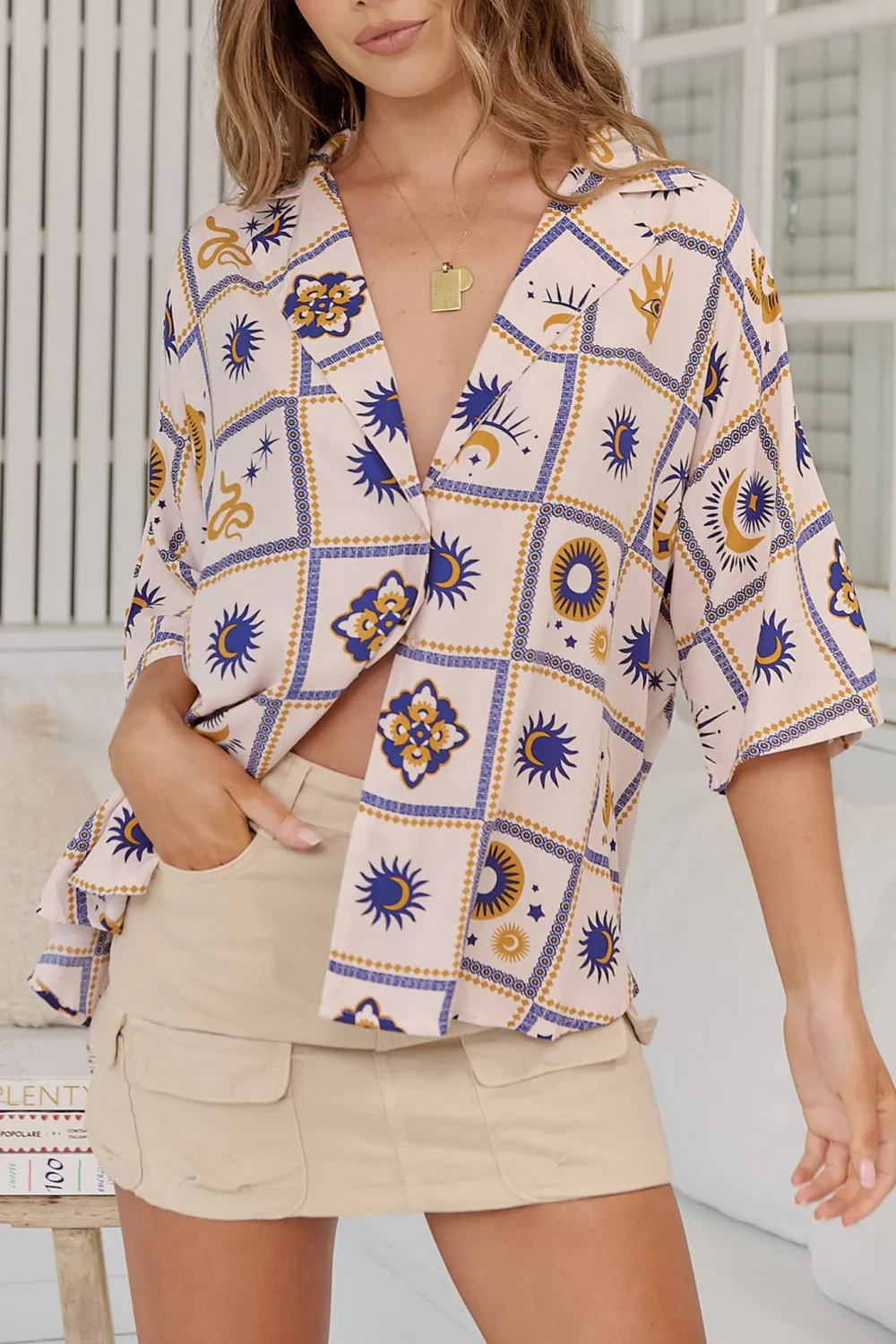 White Blue Patterned V Neck Half Sleeve Shirt