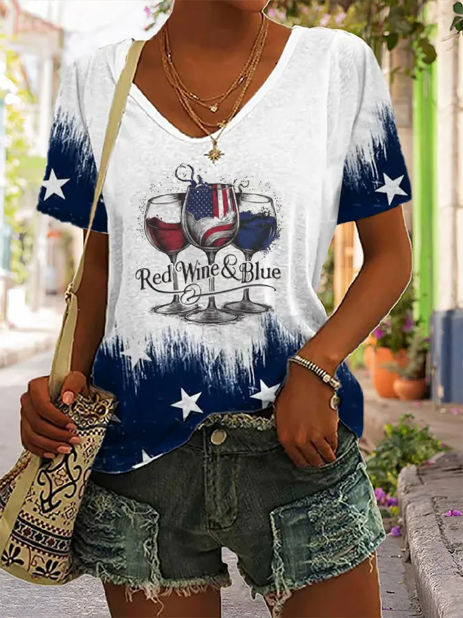 Woman'S Red Wine Blue Short-Sleeve V-Neck T-Shirt