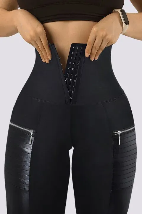 Contrast Panel Hook & Eye Zipper Detail Sports Leggings