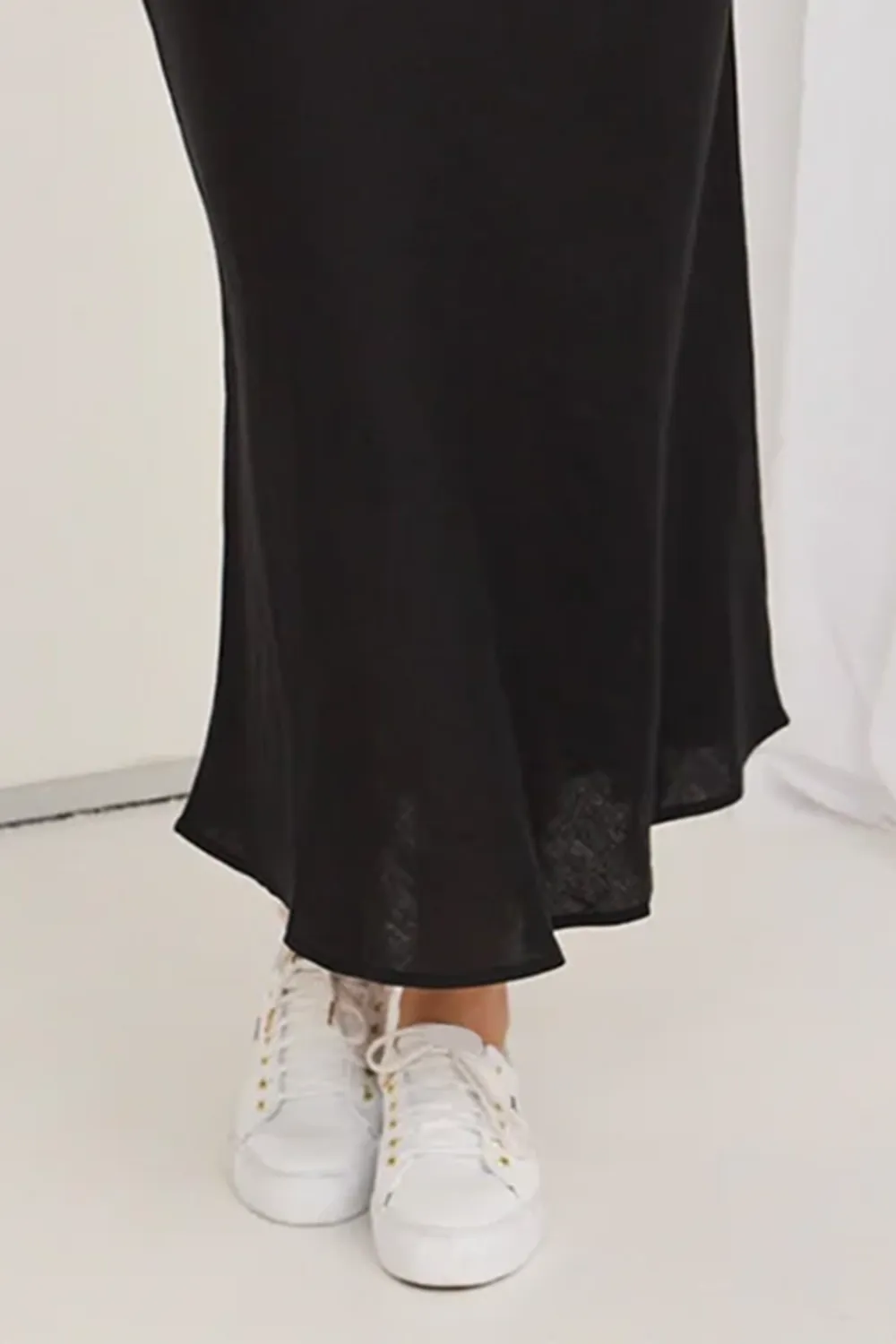 Casual Black Linen Midi Skirt