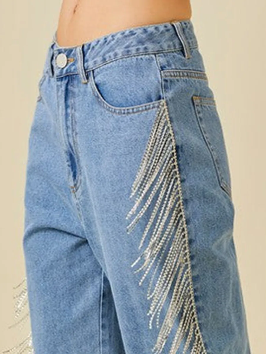 Side Sequin Fringe Jeans