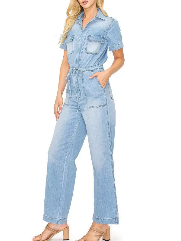 Light Wash Denim Short - Sleeve Jumpsuit