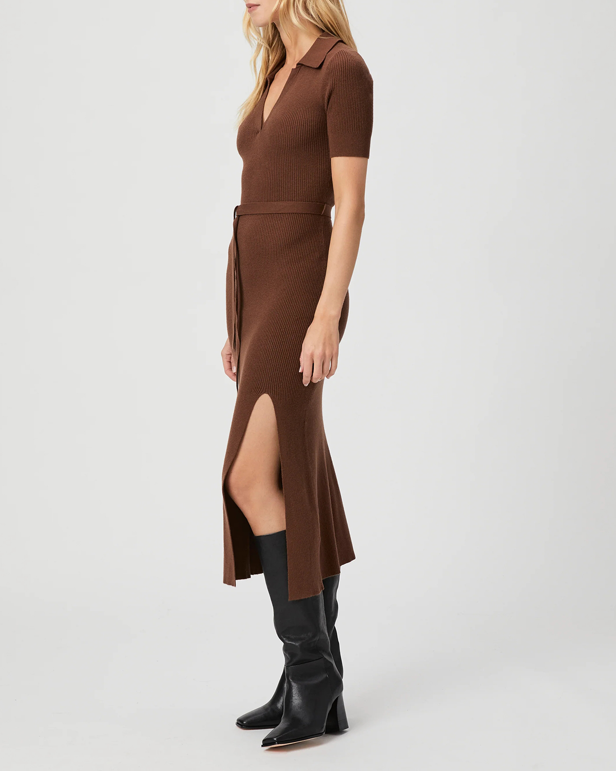 Brown Ribbed V Neck Belted Midi Dress
