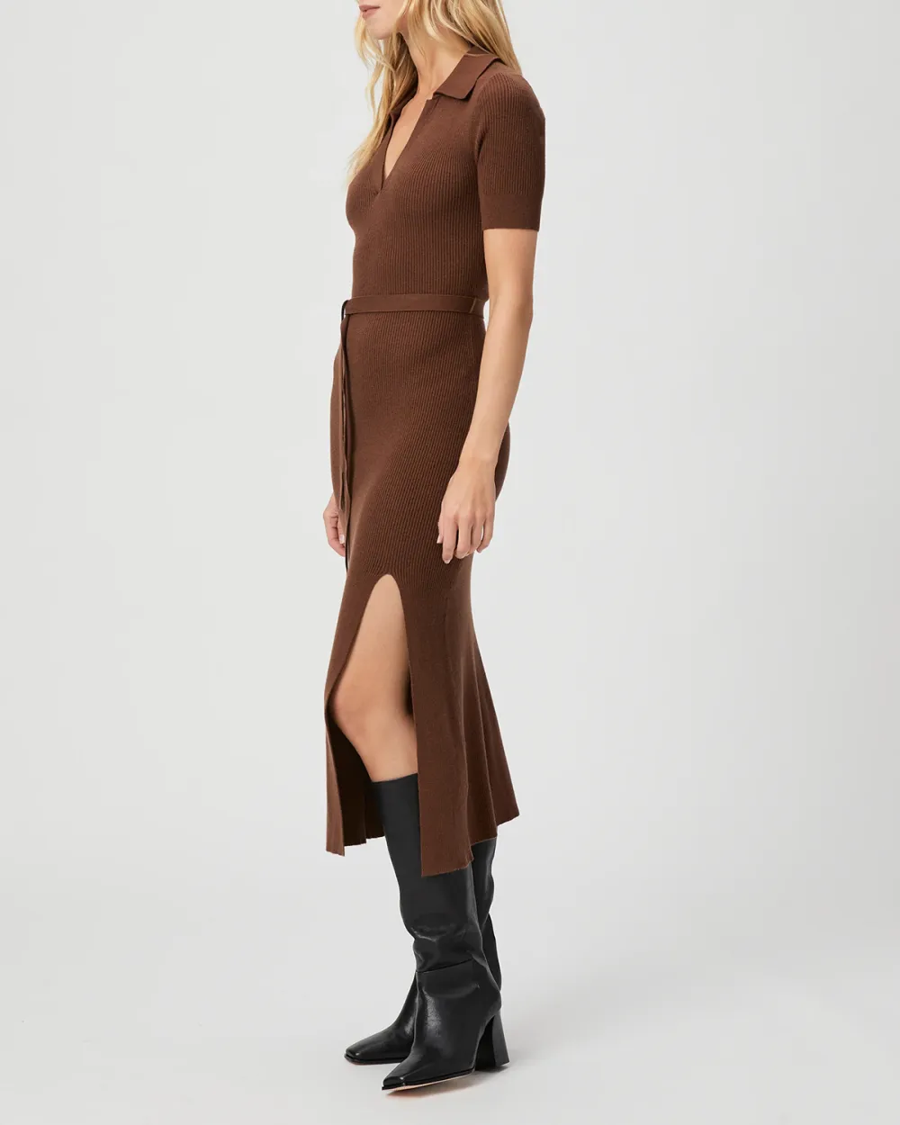 Brown Ribbed V Neck Belted Midi Dress