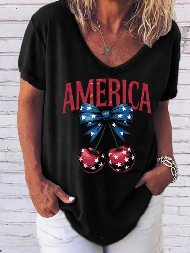 Woman'S Independence Day V-Neck And Short Sleeves T-shirt