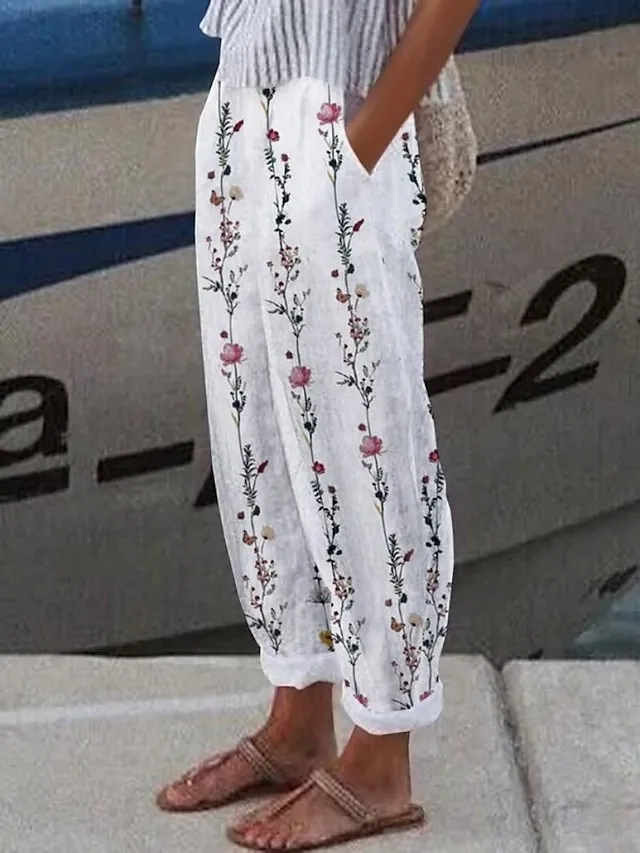 Women's Linen Pants Pants Trousers Baggy Full Length Faux Linen Side Pockets Baggy Fashion Casual Daily White Red S M