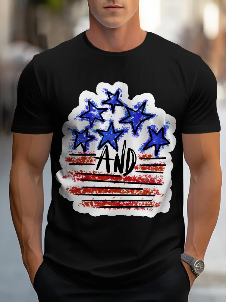 Man'S Star And Striped Prints Round-Neck Short-Sleeved T-Shirt