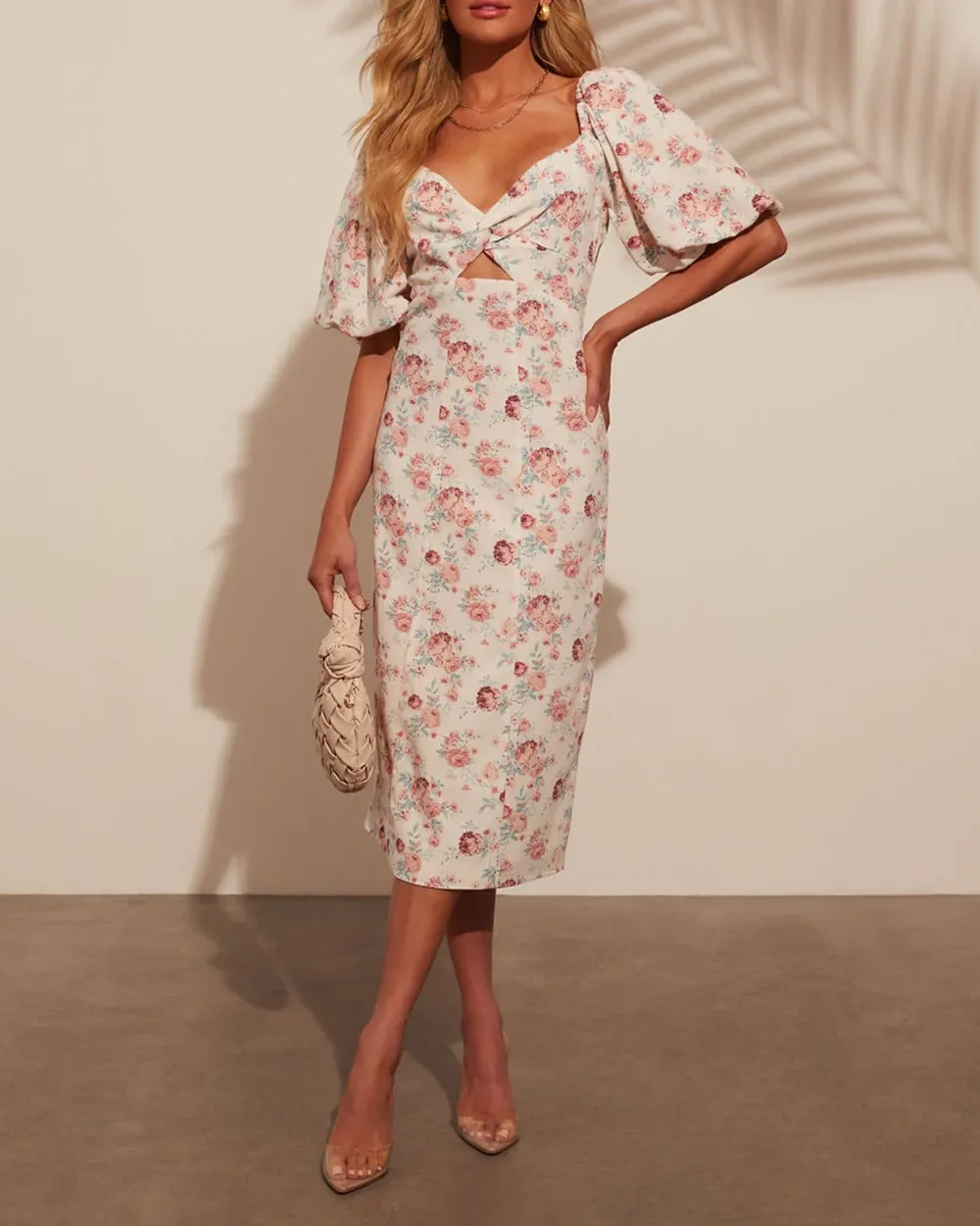 Puff Sleeve Printed Midi Dress