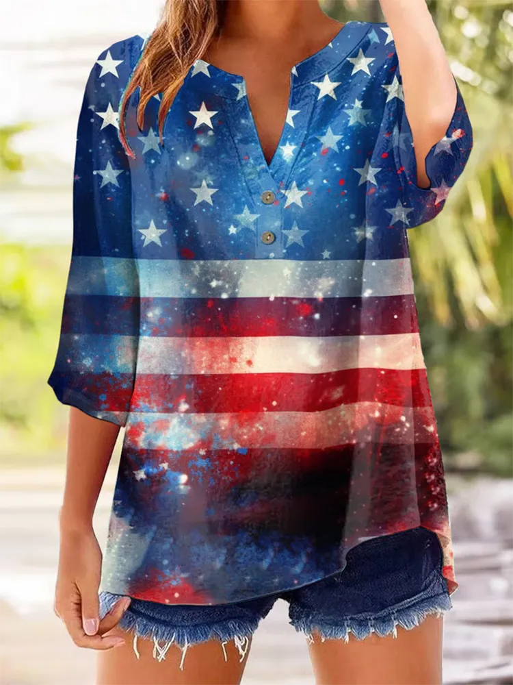Women'S Star-Striped Printed Flag V-Neck Long-Sleeved Shirt