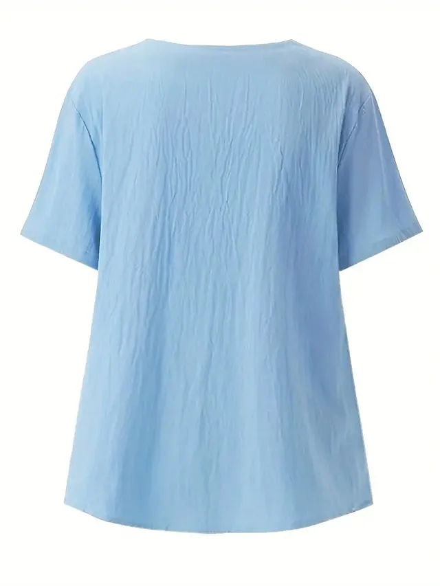 Women's Linen Shirt T shirt Tee Blouse White Pink Blue Floral Button Print Short Sleeve Daily Going out Weekend Streetwear Crewneck Regular Fit Summer Spring