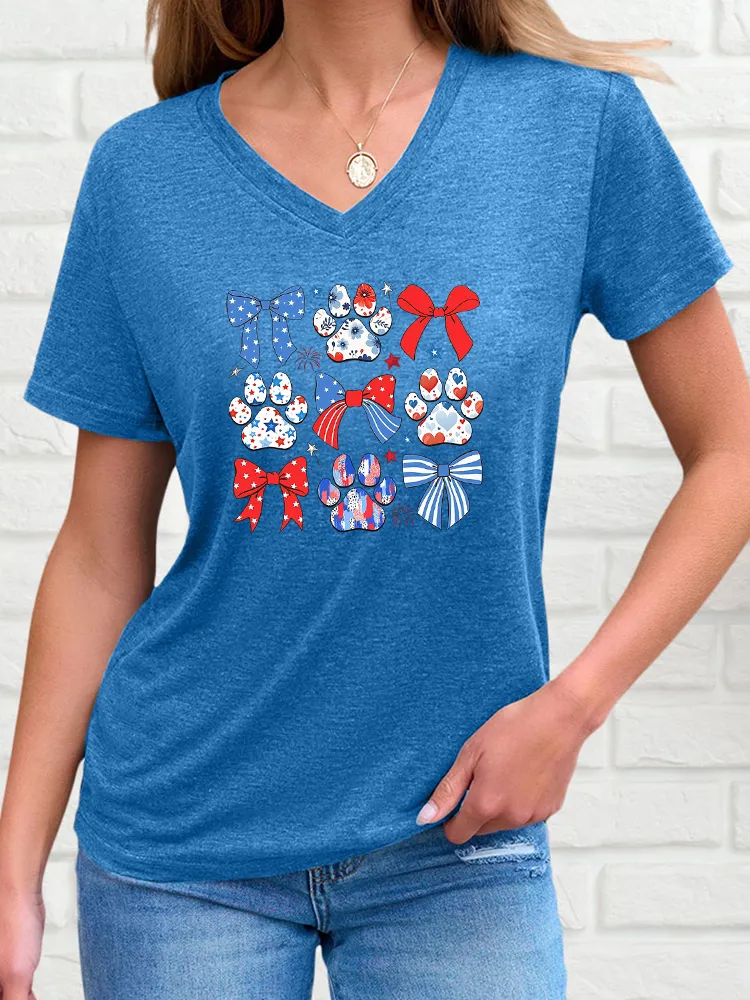 Woman'S Independence Day Puppy Paw Print Bow Tie T-Shirt With V-Neck Short Sleeve