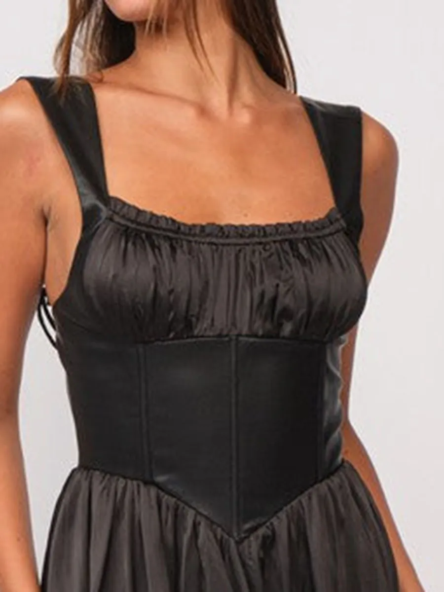 Satin Faux Leather Sleeveless Mini Dress