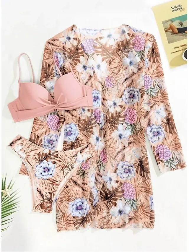 Women's Swimwear Bikini Three Piece Normal Swimsuit 2 Piece Open Back Sexy Printing Leaves Pink Blue Orange Green V Wire Bathing Suits New Vacation Fashion