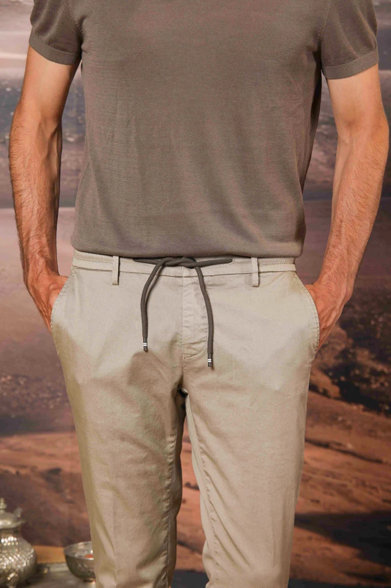 Men's Dove Gray Cotton Twill Elastic Waist Slim Fit Trousers
