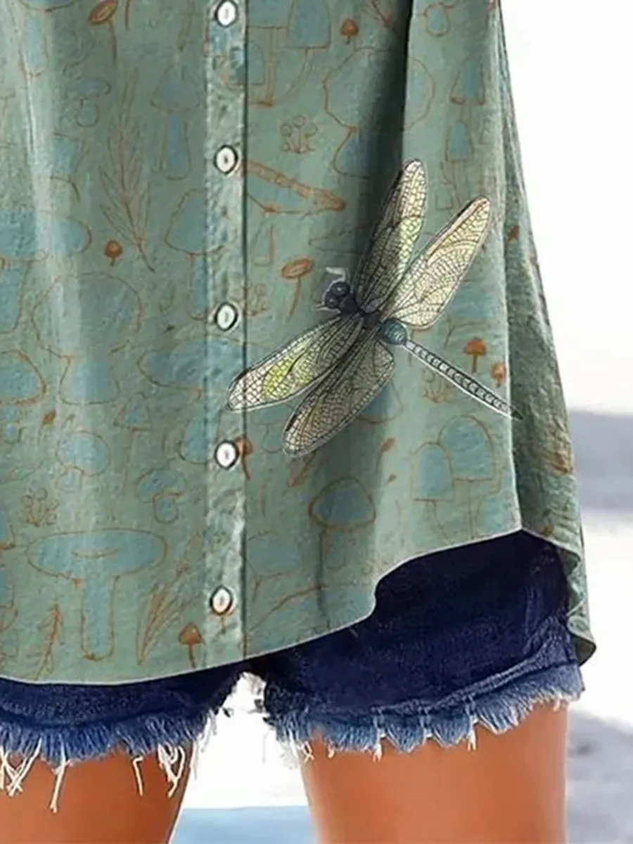 Women's Retro Casual Mushroom Dragonfly Cotton and Linen Shirt