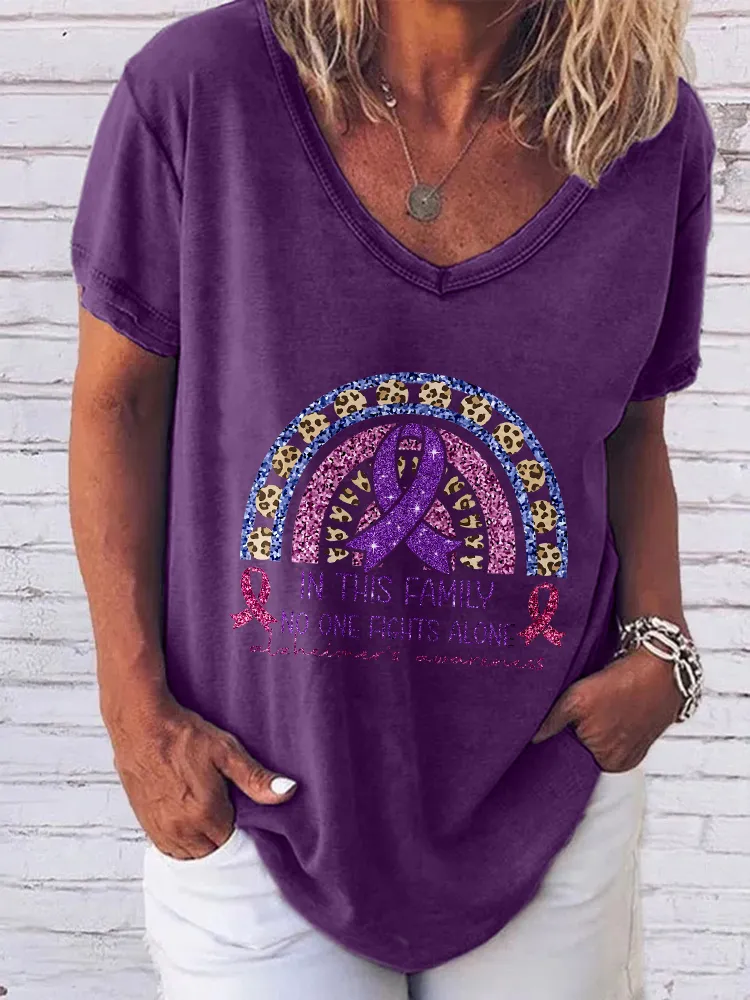 Women'S V-Neck Short-Sleeved T-Shirt In This Family No One Fights Alone Alzheimer'S Awareness Prints