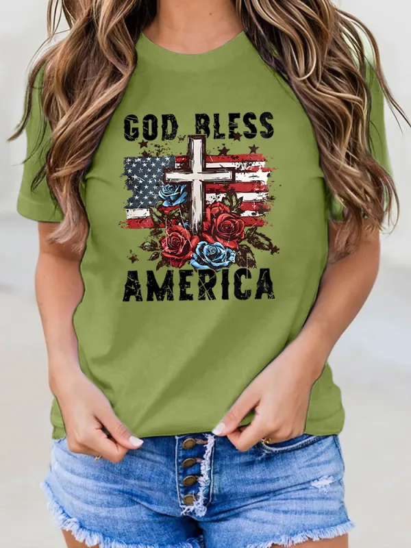 Woman'S God Bless America Round-Neck Short-Sleeved T-Shirt