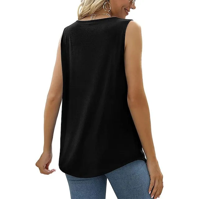 Tank Women's Wine Red Black White Solid / Plain Color Pleated Daily Basic Square Neck S