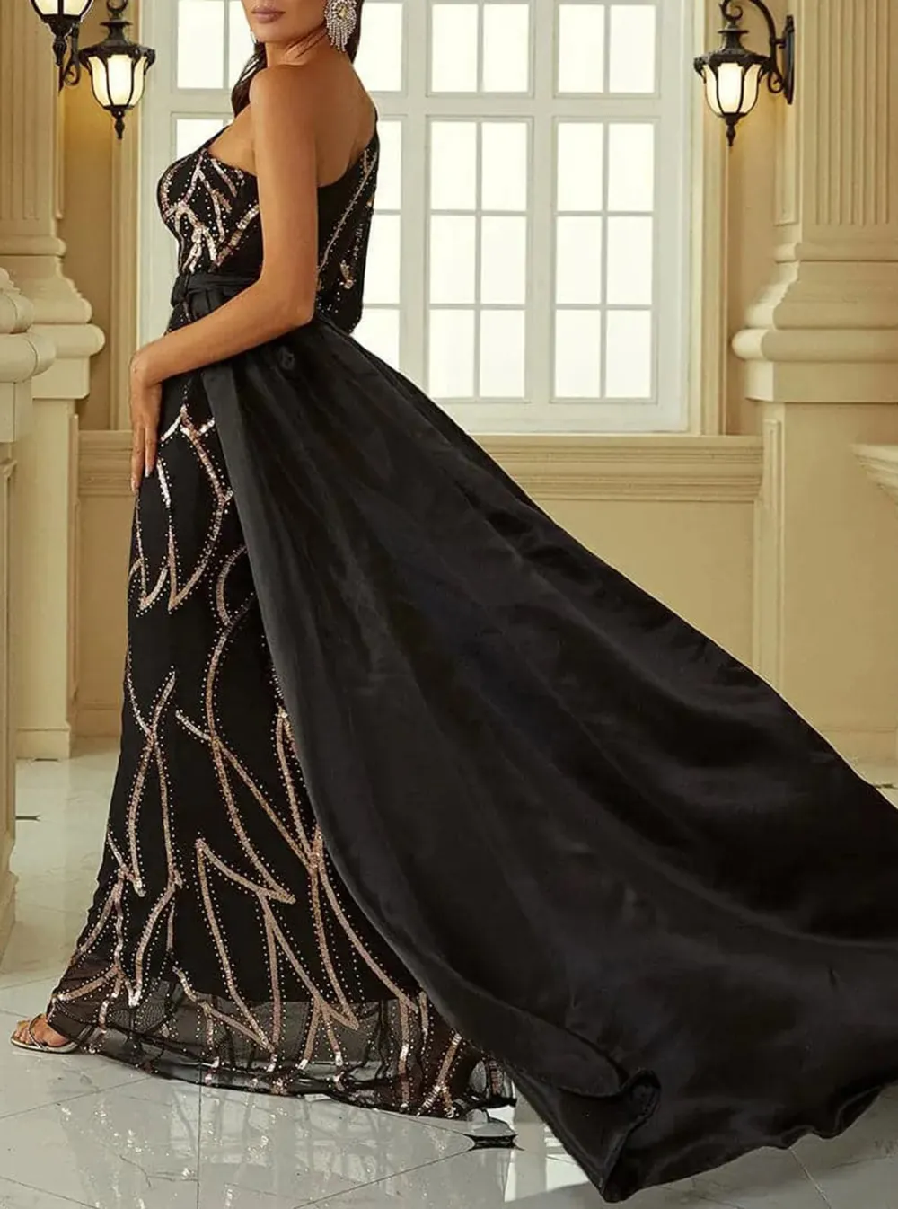 One Shoulder Cloak Sequin Prom Dress