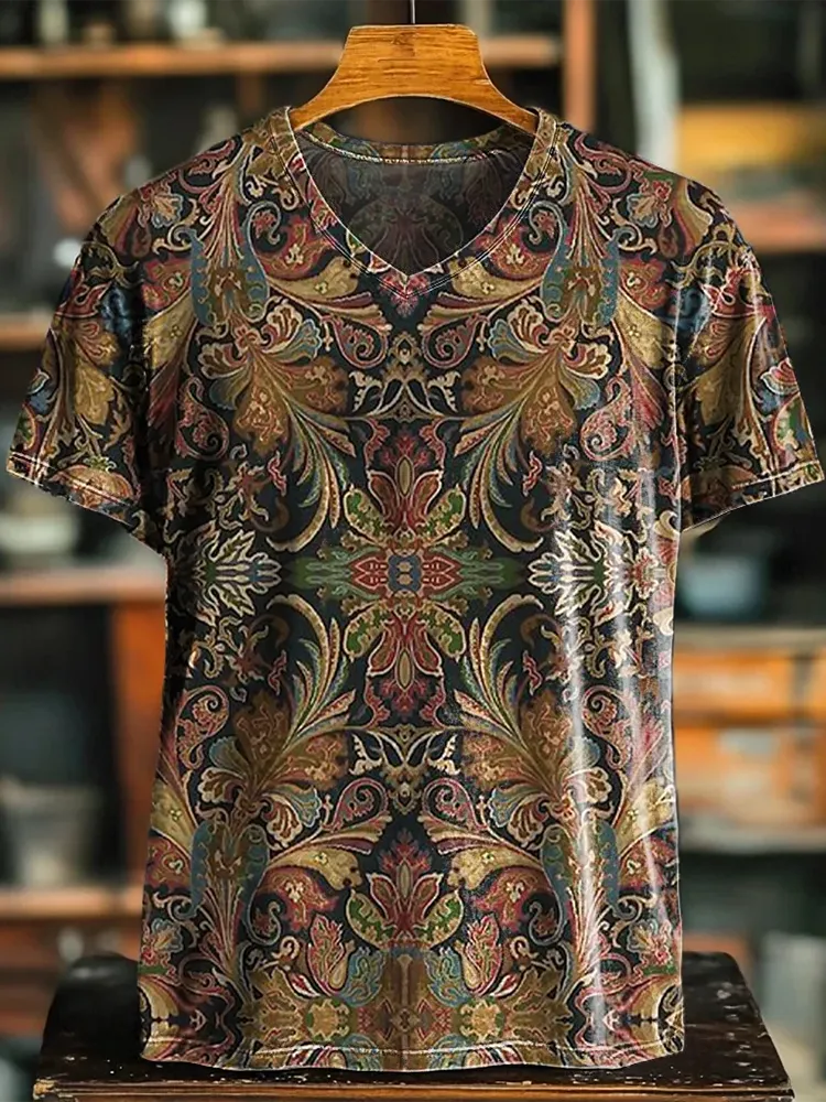 Women'S T-Shirt Retro Plant Pattern Print V-Neck Shirt