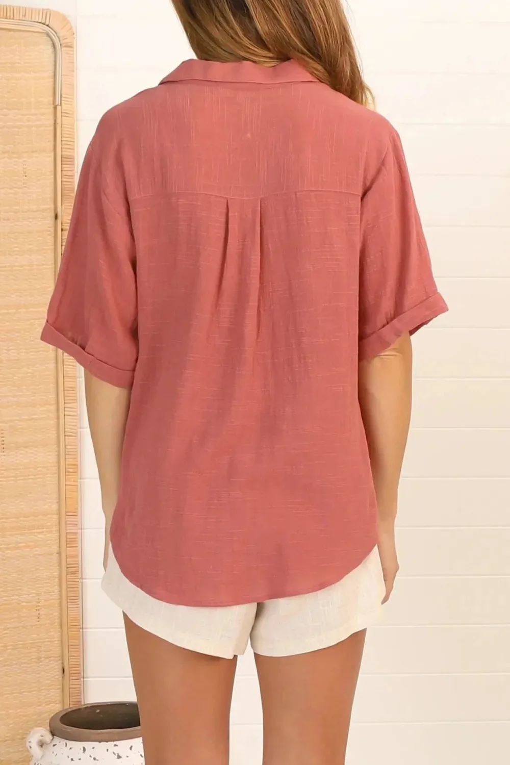 Coral Linen Short Sleeve Button Up Shirt