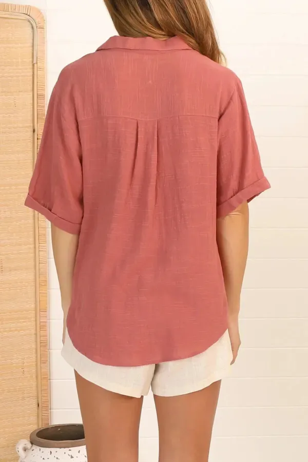 Coral Linen Short Sleeve Button Up Shirt