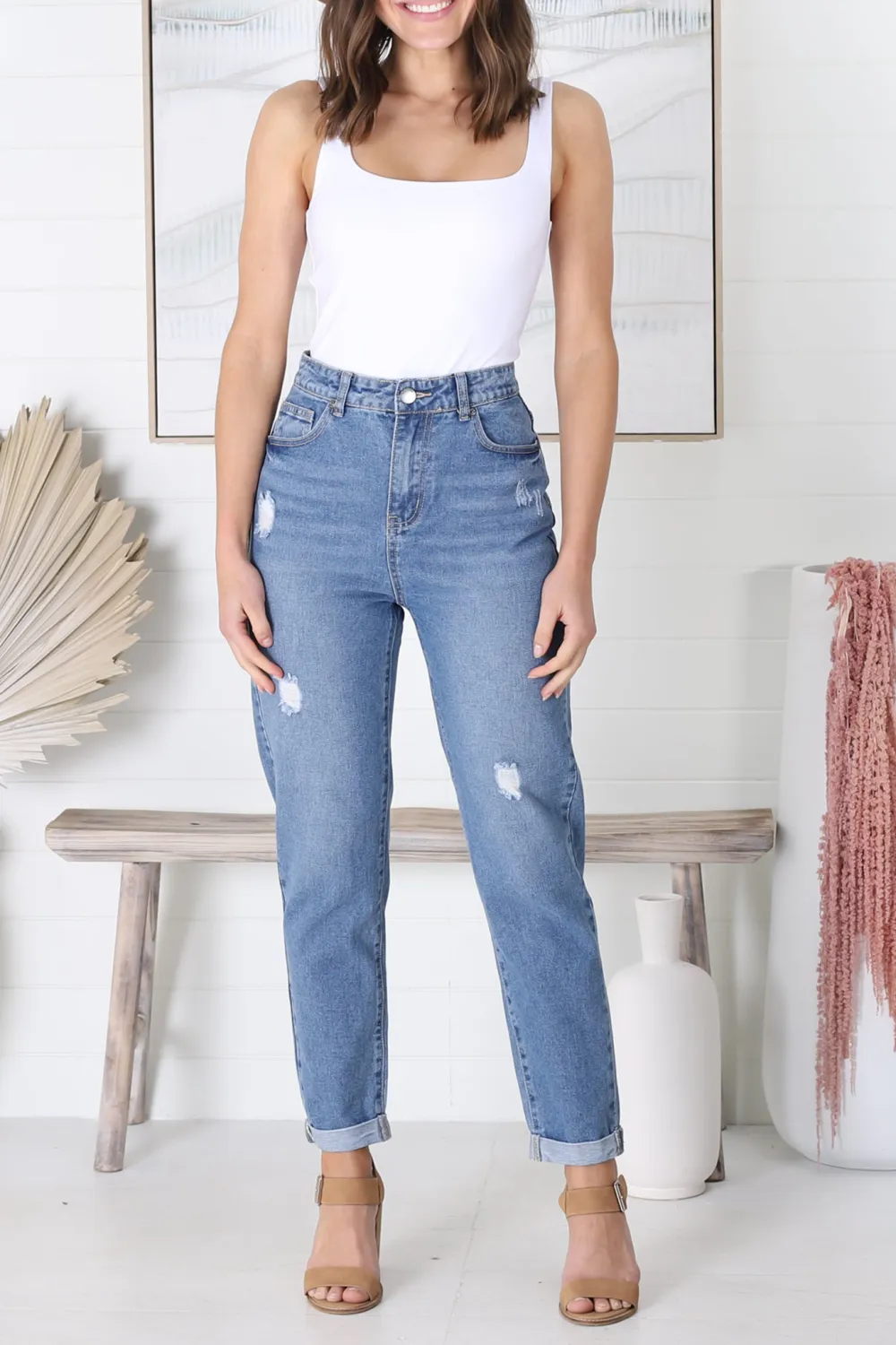 High Waisted Distressed Straight Leg Folded Cuff Jeans