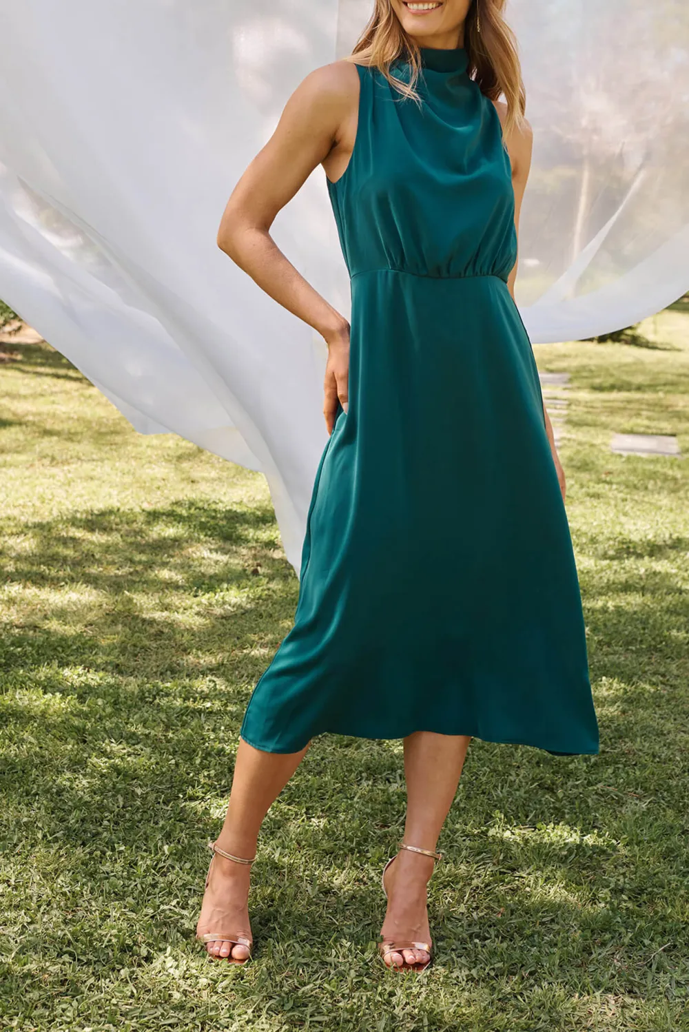 Dark Green Sleeveless Mock Neck Midi Dress