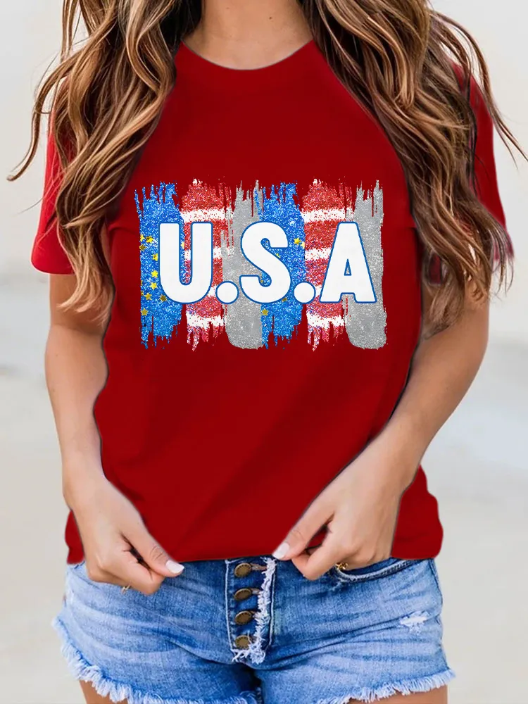 Woman'S USA Round-Neck Short-Sleeved T-Shirt