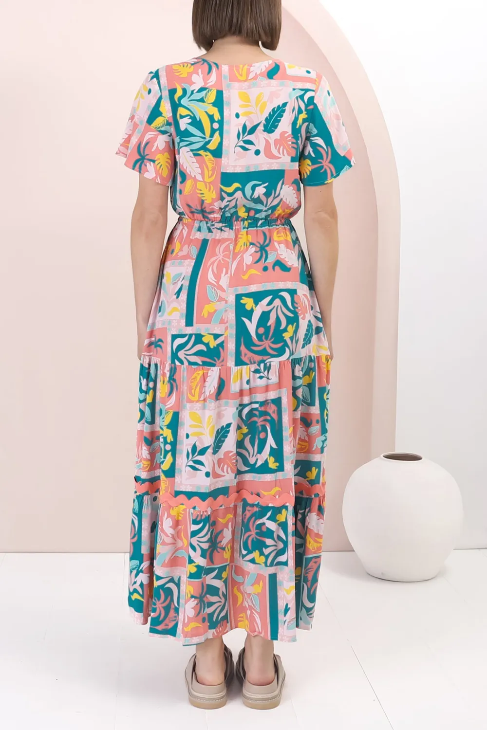 Colorful Patchwork Print Short Sleeve Maxi Dress