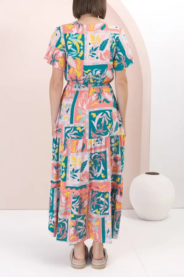 Colorful Patchwork Print Short Sleeve Maxi Dress