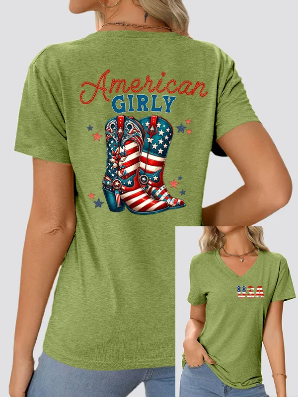 Woman'S America Girly V-Neck And Short Sleeves T-shirt
