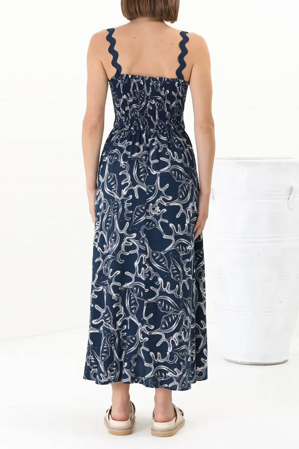 Navy Blue Patterned Scallop Strap Maxi Dress