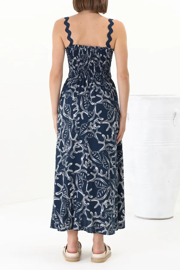 Navy Blue Patterned Scallop Strap Maxi Dress